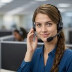 Atendente usando headset em um escritório, durante uma chamada de suporte ao cliente
