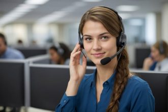 Atendente usando headset em um escritório, durante uma chamada de suporte ao cliente