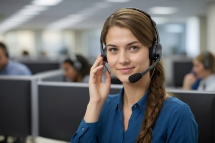 Atendente usando headset em um escritório, durante uma chamada de suporte ao cliente