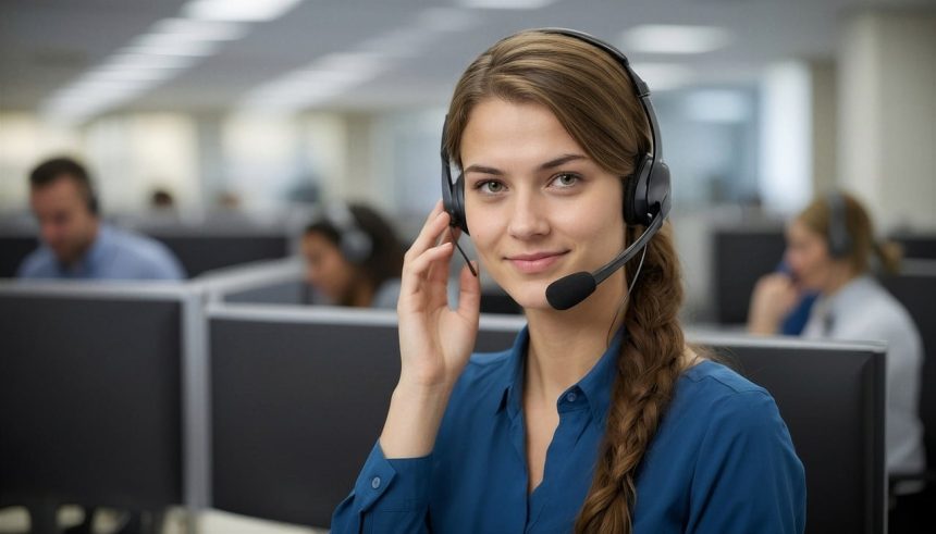 Atendente usando headset em um escritório, durante uma chamada de suporte ao cliente